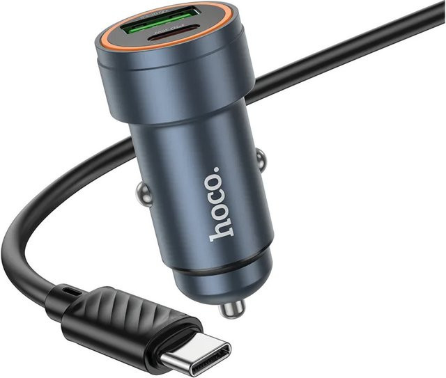 HOCO Z57A Auto-Ladegerät mit USB-C Kabel, 30W, 3A, 1 x USB-A und 1 x USB-C, Grau - Bild 1