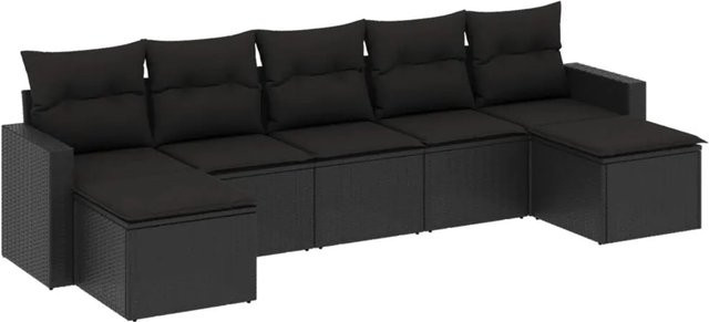 vidaXL 7-tlg Garten-Sofagarnitur in L-Form aus schwarzem Poly-Rattan mit Kissen und pulverbeschichtetem Stahlgestell - Bild 1