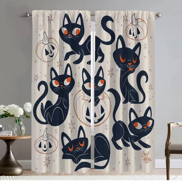 Katzen Verdunkelungsvorhänge mit Halloween-Motiv, 2er-Set Tüll-Trennvorhänge für Schlafzimmer und Kinderzimmer, Mehrfarbig, Breite: 50 cm, Höhe: 70 cm - Bild 1