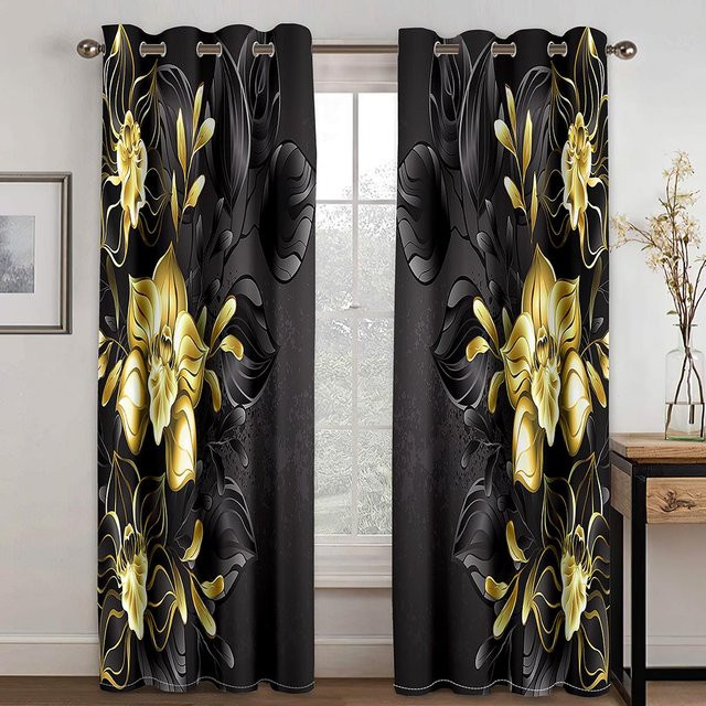 Yiran Furniture Verdunkelungsvorhänge mit 3D-Rosenmotiv in Schwarz, Set aus 2 Paneelen, B: 110 cm, H: 214 cm - Bild 1