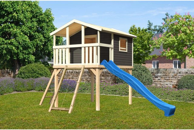 Karibu Stelzenhaus Benjamin Spielturm in Terragrau mit Leiter, Netzrampe und Rutsche in Blau, B/H/T: 225 x 309 x 250 cm - Bild 1