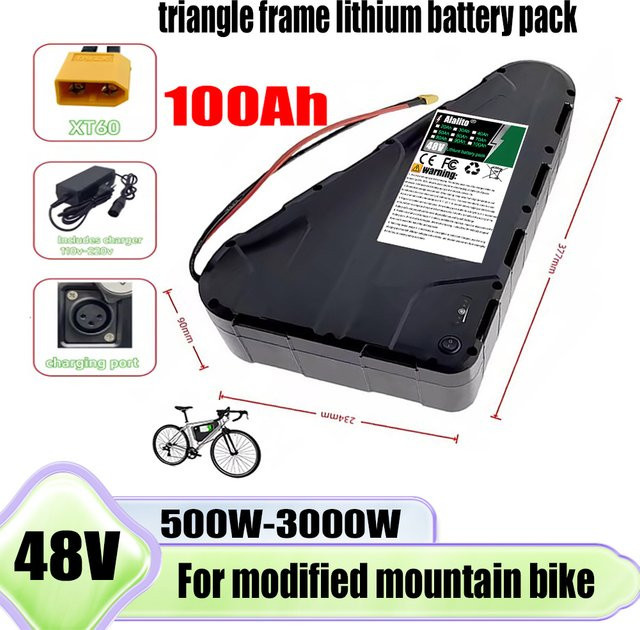 ALalito 18650 Dreieck-Lithium-Akkupack für Mountainbike mit Ladegerät, 48V, 20AH-100AH, Schwarz - Bild 1
