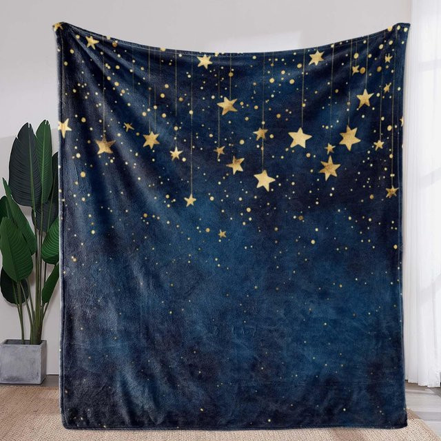 JMG Household Supplies Flanelldecke mit goldenem Sternenaufdruck in Blau, weich und warm, B/B: 100 x 150 cm - Bild 1