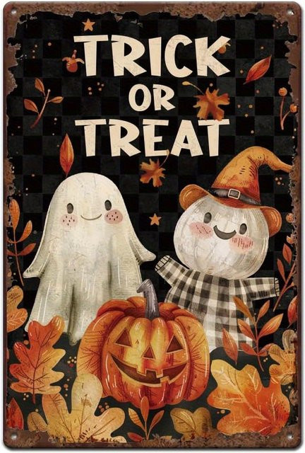 SUPERDANT Halloween Metallblechschild Süßes oder Saures Dekoration mit Geistern, Kürbissen und Herbstblättern in Mehrfarbig und Weiß, Retro-Stil, B/H: 20 x 20 cm - Bild 1
