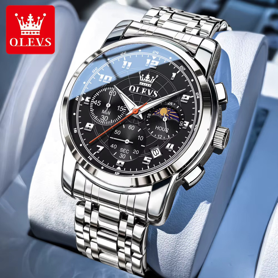 OLEVS Armbanduhr Quarz, Edelstahl, Schwarz, Mondphase, Herren - Bild 1