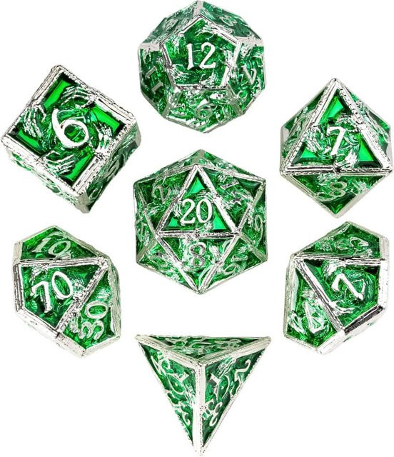 Cusdie Geisterklaue DnD Würfel, Metall, Silber, Grün, 7-teiliges Set - Bild 1