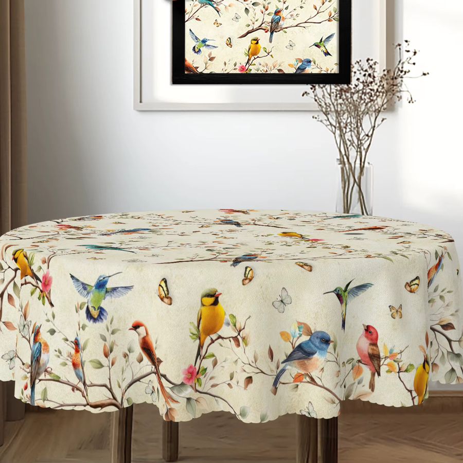 Visect Tischdecke Set aus Polyester mit Herbst-Vogel- und Schmetterlingsmuster, 1 runde Tischdecke und 4 selbstklebende Tischdecken mit Vogelmotiven - Bild 2