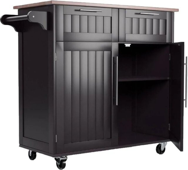 Costway Kücheninsel mit Arbeitsplatte und Handtuchhalter in Braun und Schwarz, Küchenwagen aus Holz und Metall für Küche und Esszimmer - Bild 1