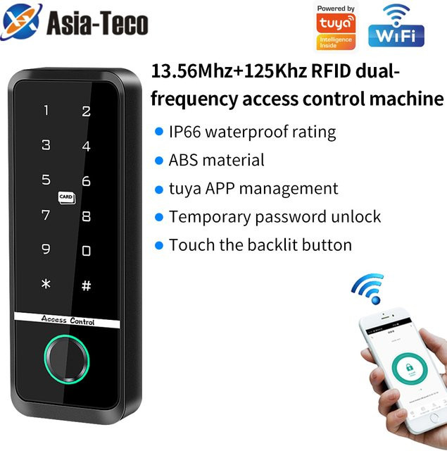 Asia-Teco WLAN-Fingerabdruck-Zugangskontrolle mit RFID-Tastatur für den Außenbereich, wasserdichtes Tuya APP-System für 125 kHz und 13,56 MHz - Bild 1