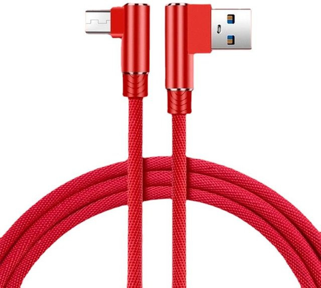 Schnellladekabel mit 90 Grad Winkel aus Nylongeflecht für USB-C und Micro USB, Länge: 2 m, in Schwarz, Blau oder Rot - Bild 1