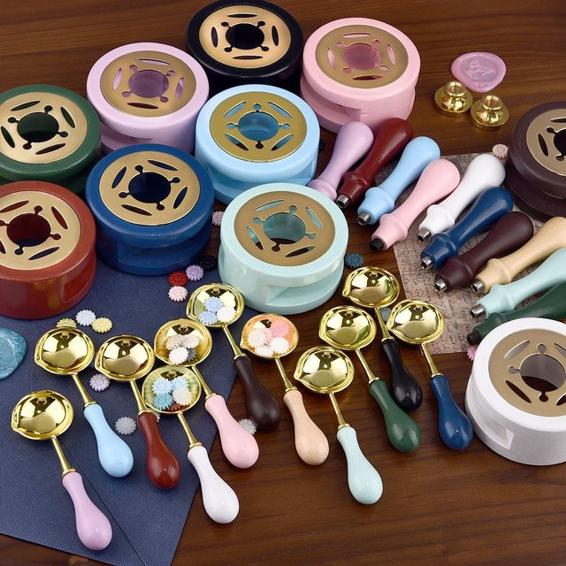 Wachs Siegel Stempel Set mit Lackofen aus Massivholz inklusive Wachs, Löffel und Schmelztiegel in Pink und Multicolour für Bastelbedarf - Bild 1