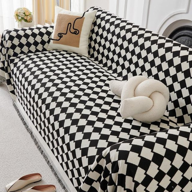 Yiran Furniture Chenille Sofaüberwurf mit Jacquard Karo Muster in Schwarz, B/T: 180 x 130 cm - Bild 1
