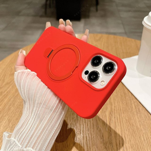 Magnetische Flüssigsilikon-Handyhülle mit MagSafe Ständer für Apple iPhone 14 13 12 11 16 15 Pro Max Plus in Rot - Bild 1