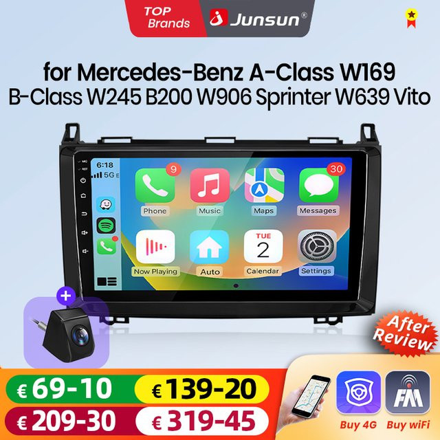 Junsun Android Auto Multimedia Autoradio mit Wireless CarPlay, GPS und Lenkradfernbedienung für Mercedes Benz W169 W245 B200 W906 Sprinter W639 Vito, Schwarz, 2 Din - Bild 1
