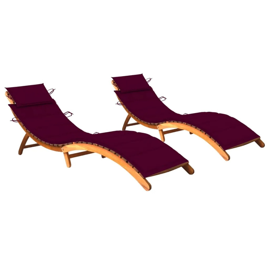 vidaXL Sonnenliegen Set aus 2 Stück aus Massivholz Akazie mit weinroten Auflagen für Garten und Terrasse - Bild 2