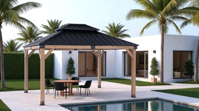 HARDIN Hardtop-Pavillon aus Zedernholz und verzinktem Stahl in Schwarz und Brown, B/T/H: 310 x 364 x 290 cm - Bild 1
