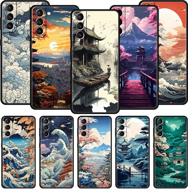 Japanische Landschaft Handyhülle für Samsung Galaxy S25 S24 S23 FE S22 Ultra S21 S20 S10 Plus S10E Soft Cover in Schwarz und Multicolour - Bild 1