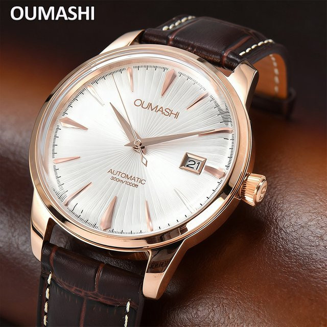 OUMASHI Armbanduhr Automatik, Edelstahl, 40 mm, Lederarmband, Unisex - Bild 1