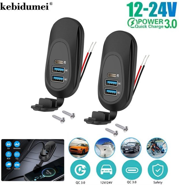 Kebidumei 3-Port Auto-Ladegerät mit USB-C PD3.0 und Dual QC3.0 Schnellladegerät für 12V-24V, Schwarz, Wandmontage für Wohnmobile, Boote und Busse - Bild 1