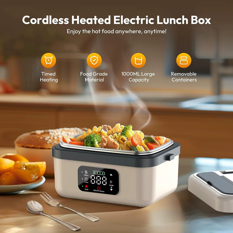 Betuyoo Tragbare elektrische Lunchbox mit 1 l Fassungsvermögen und 16.000 mAh Powerbank zur kabellosen Selbsterwärmung in Weiß und Silber - Bild 2