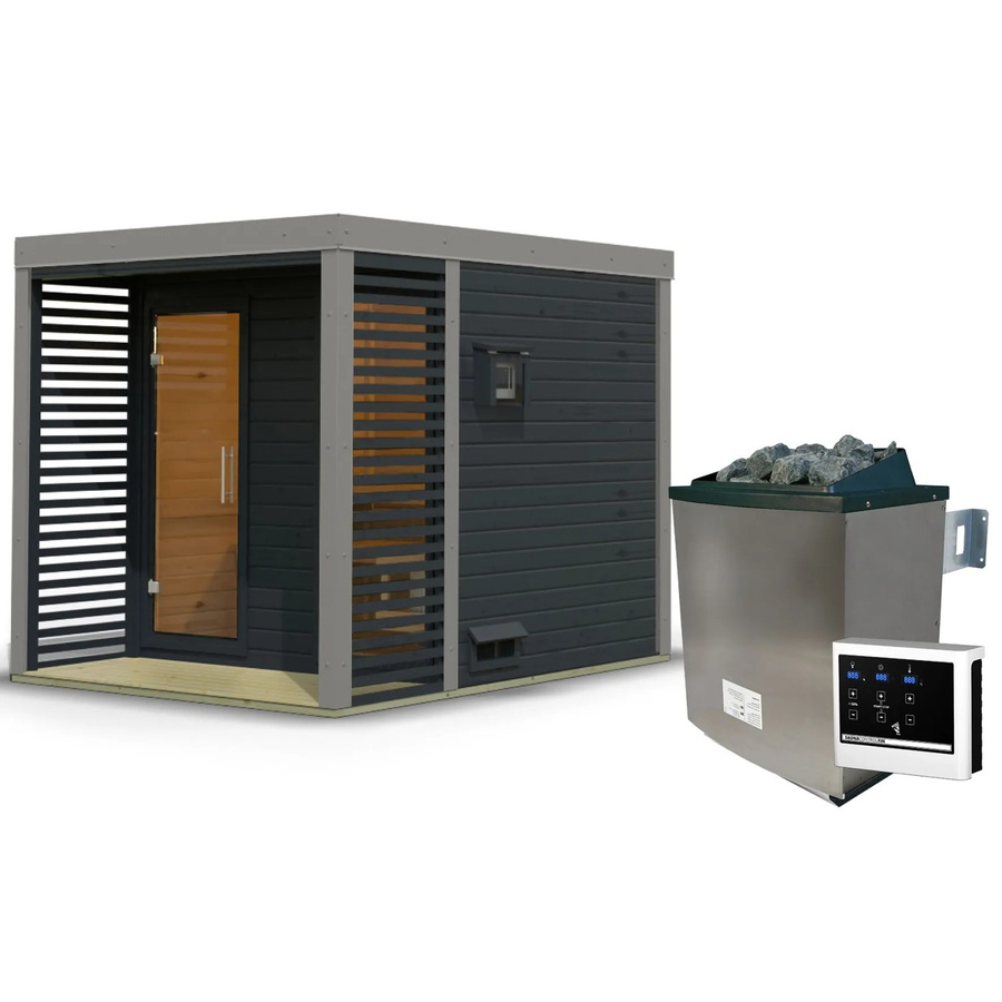 Karibu Saunahaus Seros Blockbau mit 9 kW externem Ofen in Anthrazit und Graualuminium - Bild 2