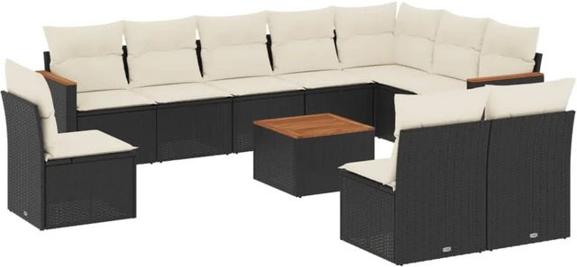 vidaXL 11-tlg. Garten-Sofagarnitur in L-Form aus Poly-Rattan und pulverbeschichtetem Stahl mit Kissen in Schwarz-Creme - Bild 1