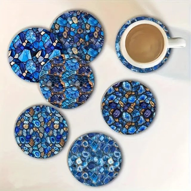6 Stück Holzuntersetzer in Ozeanblau mit 2D-Design, rund und hitzebeständig - Bild 1