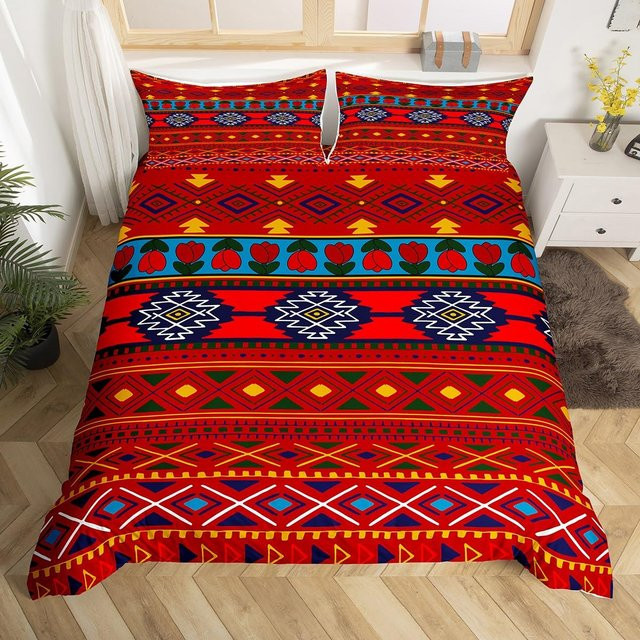 Bettwäsche-Set Your Warm Home mit afrikanischem Patchwork-Design und Blumenmuster in Braun und Rot, B/H: 140 x 210 cm - Bild 1