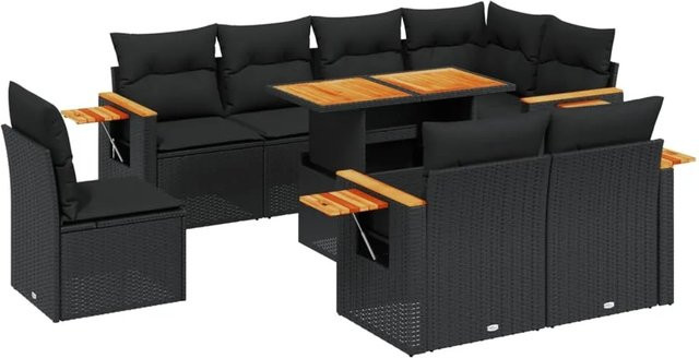 vidaXL 9-teilige Garten-Sofagarnitur in U-Form aus schwarzem Poly-Rattan mit Kissen und Akazienholz - Bild 1