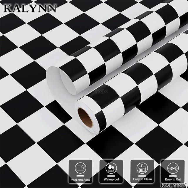 KALYNN Kontaktpapier Karo Schwarz-Weiß, selbstklebende Vinyl Tapete, wasserfest und dekorativ - Bild 1
