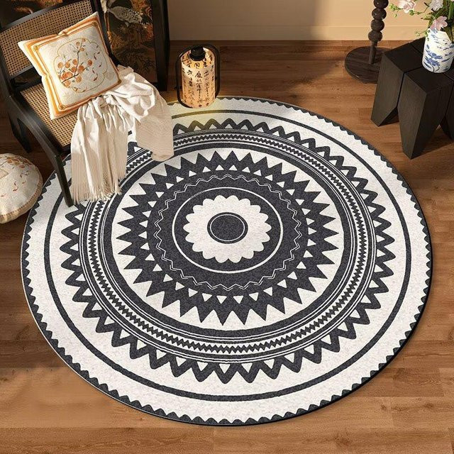 Runder Karpetti Teppich mit Stechapfel-Blumenmuster in Schwarz Weiß, rutschfest und waschbar, Durchmesser: 60 cm - Bild 1