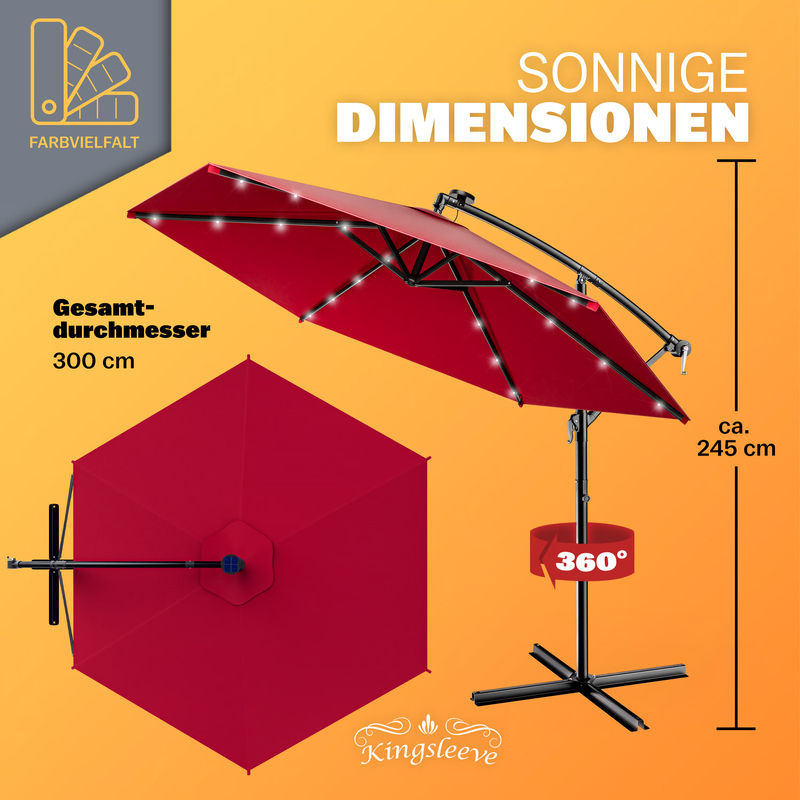 Kingsleeve LED Solar Ampelschirm Haiti Rot Ø 307 cm mit UV-Schutz 80+ und Schutzhülle - Bild 3