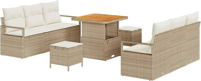 vidaXL Garten-Sofa-Set 9-teilig aus Poly Rattan in Beige mit Kissen und Tisch - Bild 1