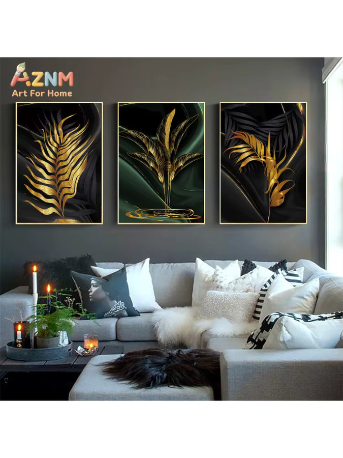 AZNM Leinwandgemälde mit Pflanzenblättern im nordischen Stil, abstrakte Wandkunst in Gold für deine Wohnzimmerdekoration - Bild 5