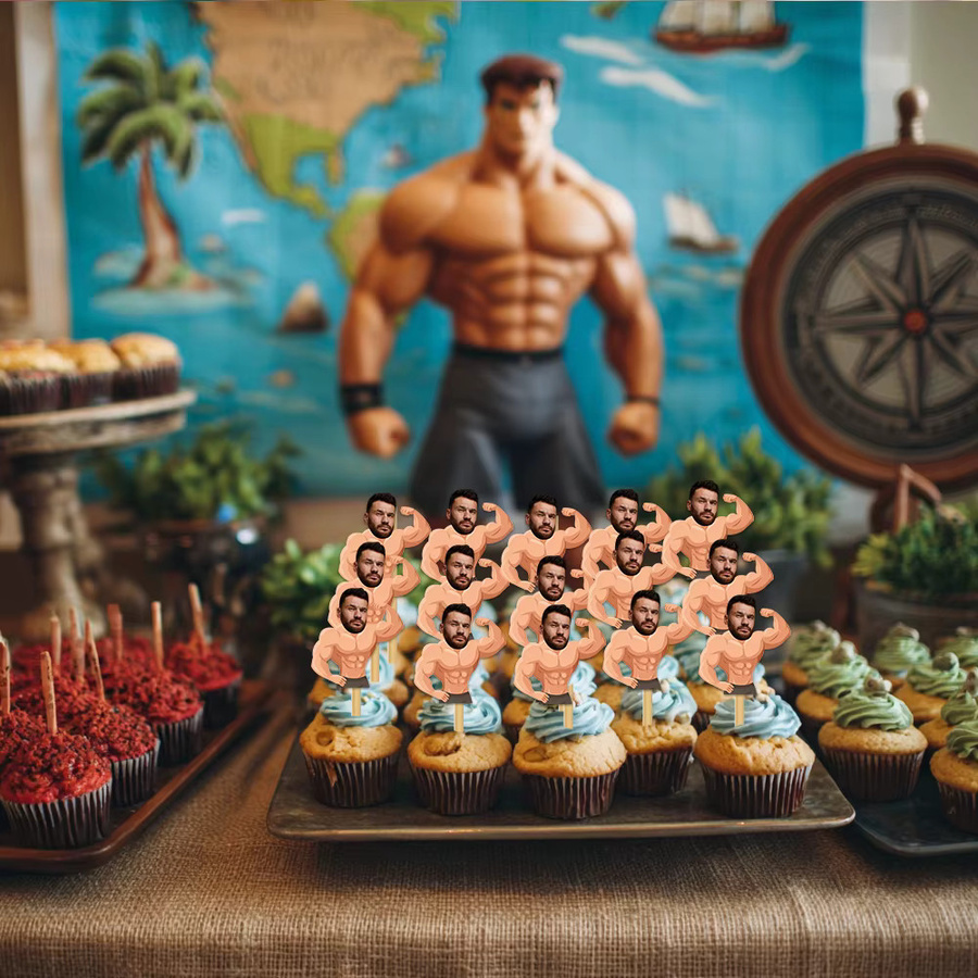 WEIGAO Geburtstagsdekorations-Set mit Cartoon-Muskelmann-Gesicht, Foto-Banner, Geschenkaufklebern und Kuchendekoration in Mehrfarbig - Bild 2