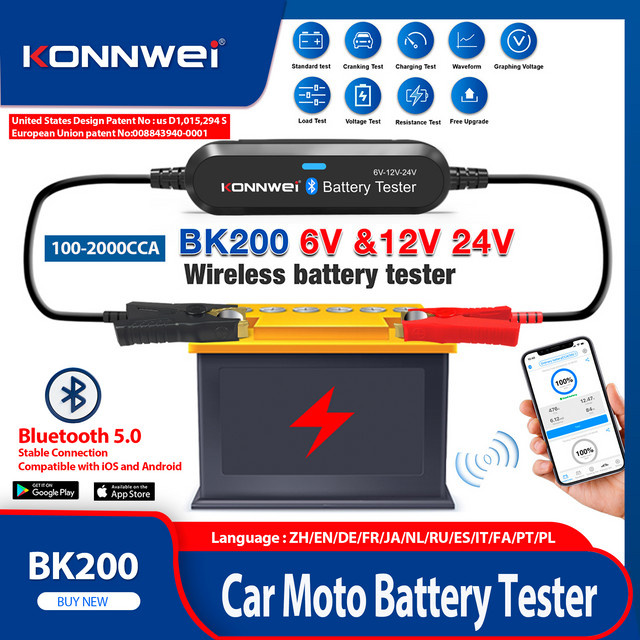 KONNWEI BK200 Bluetooth 5.0 Batterietester für Auto und Motorrad, Wellenformmonitor für 6V 12V 24V, Lade- und Starttestgerät mit 100-2000 CCA, Schwarz - Bild 1