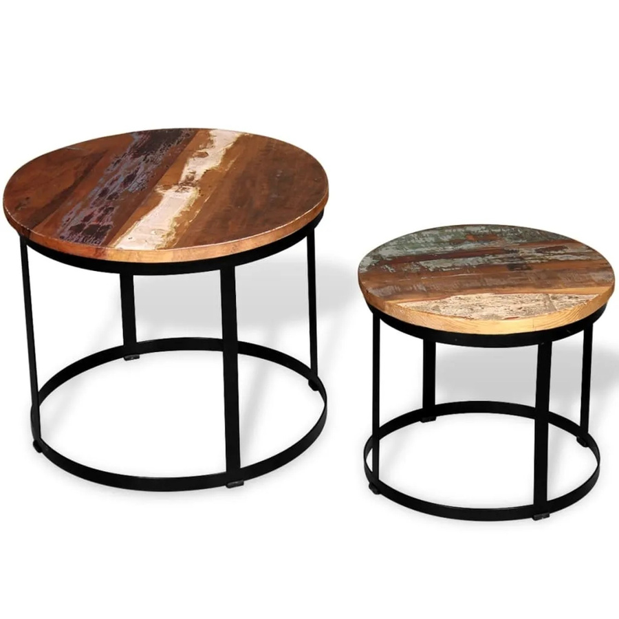 vidaXL 2-teiliges Couchtisch-Set aus Massivholz im Industrie-Stil, rund, Altholz Eiche und Eisen, braun/schwarz - Bild 2