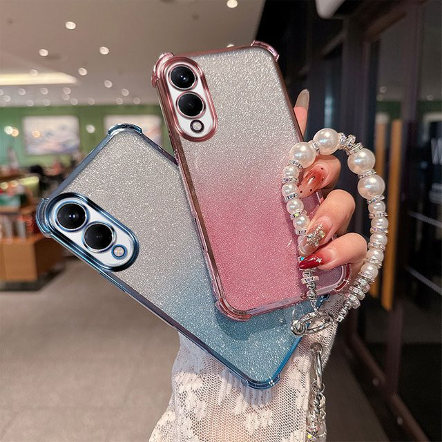 Stoßfeste TPU-Handyhülle mit Gradient Glitter und luxuriösem Perlen-Handschlaufenband für Samsung Galaxy S25 Ultra Plus FE Edge 25 in Lila - Bild 1