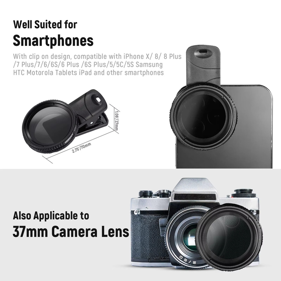 NEEWER ND2-ND400 Clip-On Telefonkamera-Objektivfilter-Set mit verstellbarem ND-Filter und Telefonclip in Schwarz - Bild 4