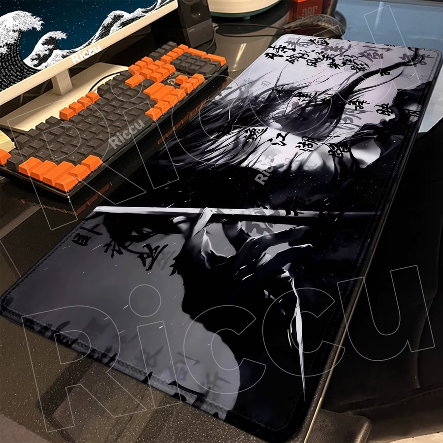 Riccu Gaming-Mauspad Japanisches Samurai-Motiv mit Baum und Sonne, rutschfeste Schreibtischunterlage aus Naturkautschuk, Schwarz/Mehrfarbig - Bild 2