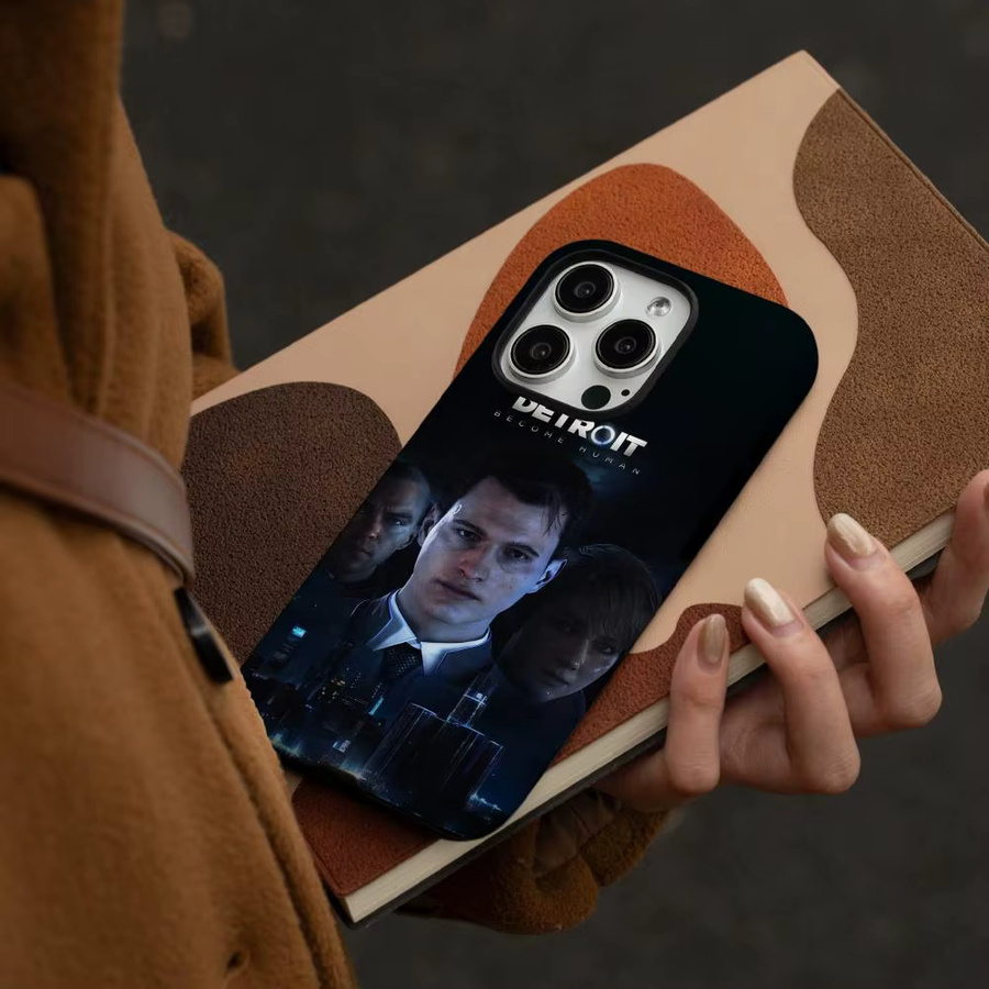 D-Detroit Become Human Handyhülle für Apple iPhone 17 16 15 14 13 12 Pro Max Plus, glänzende HD-Doppelschicht-Flüssighartschale, weiß/mehrfarbig - Bild 2