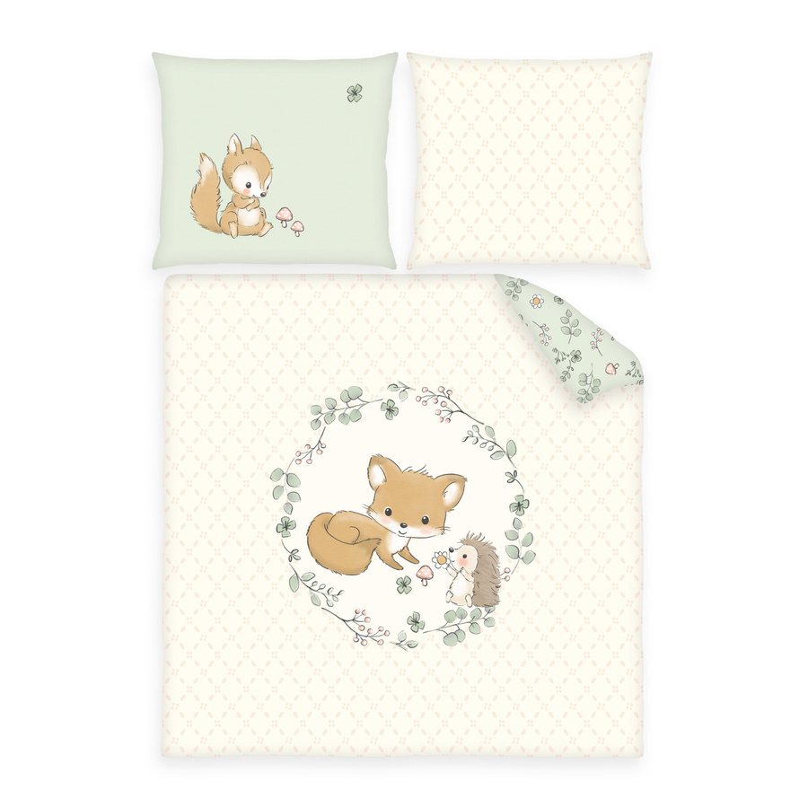 Herding Baby Wende-Bettwäsche mit Fuchs, Igel und Pilz Motiven in Beige und Multicolour, Set bestehend aus Bettbezug 80 x 80 cm und Kissenbezug 35 x 40 cm - Bild 1
