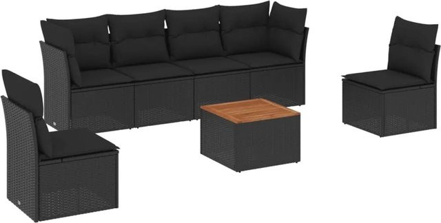 vidaXL 7-tlg Garten-Sofagarnitur aus Poly-Rattan und Akazienholz in Schwarz und Braun mit Kissen - Bild 1