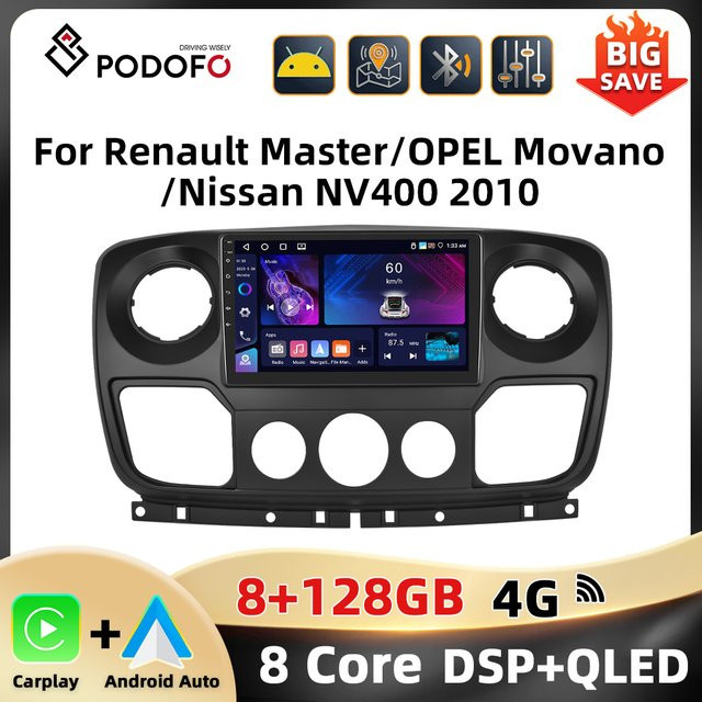 Podofo 10,1 Zoll Autoradio mit 4G, 8-Kern, DAB, WIFI und GPS für Renault Master, OPEL Movano und Nissan NV400 in Schwarz - Bild 1