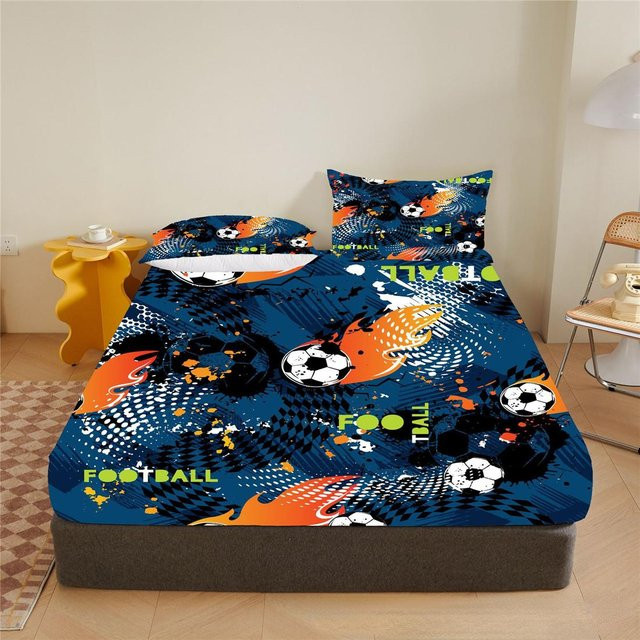 Binchi Fitness Fußball Bettwäscheset für Kinder mit Spannbettlaken und Kissenbezug, Mikrofaser, Schwarz/Blau, B/T/H: 90 x 200 cm - Bild 1