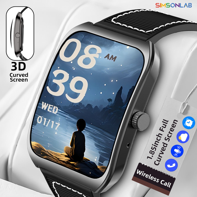 SIMSONLAB Smartwatch mit 1,85 Zoll gebogenem Bildschirm, Bluetooth 5.4, kabelloser Anruffunktion, Musiksteuerung, Herzfrequenz- und Schlafüberwachung sowie Fernkamera in Schwarz - Bild 1