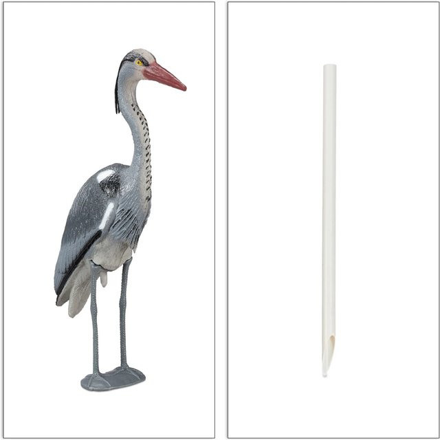 Relaxdays Reiher Gartenfigur 2er Set aus PE-Kunststoff in Grau Schwarz Rot mit Spieß, Höhe: 73,5 cm, Breite: 12,5 cm, Tiefe: 44,5 cm - Bild 1