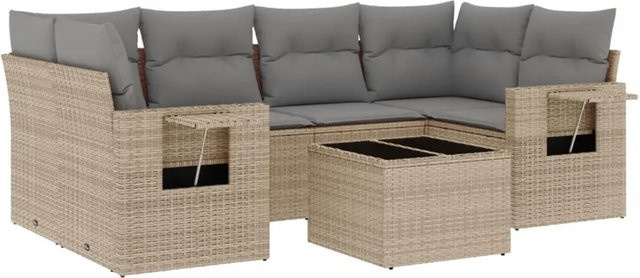 vidaXL 7-teilige Garten-Sofagarnitur in L-Form aus Poly-Rattan mit Kissen in Beige-Grau - Bild 1