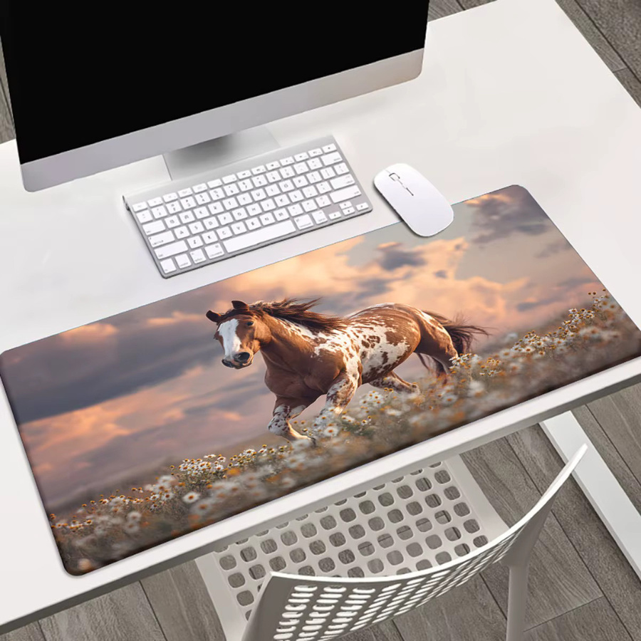 Mauspad mit Sonnenuntergang, Wildpferderennen und weißem Gänseblümchen-Design in Multicolour und Weiß, rutschfeste Gummibasis, verdickt und langlebig für Gaming und Büro - Bild 5