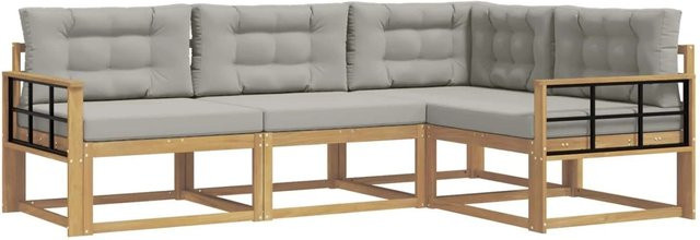 vidaXL Outdoor-Sofagarnitur 3-teilig in L-Form aus Akazienholz mit Polstern in Weiß und Grau - Bild 1